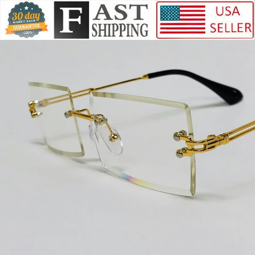Men Hip Hop Sunglasses Square Rimless‎ Clear Lens Diamond Cut Migos Quevo Style